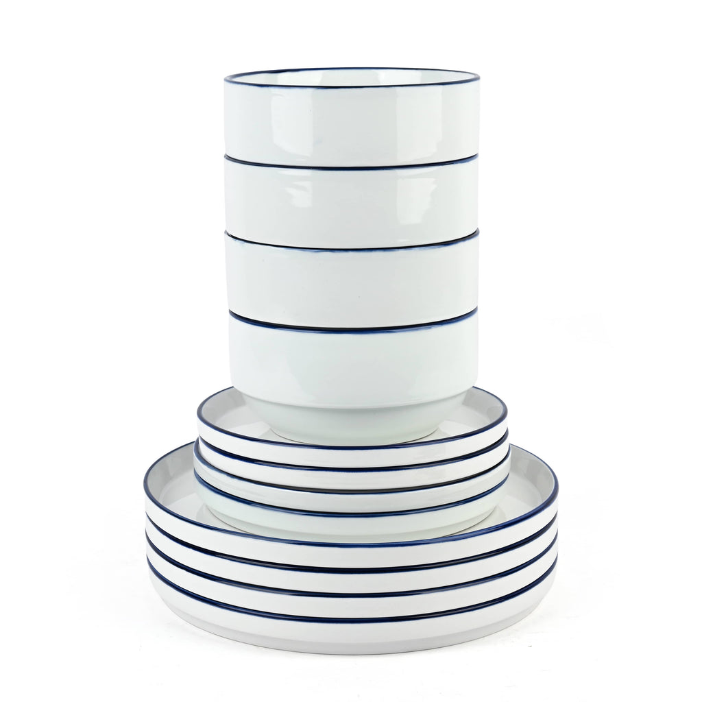 Waterside 12pc Stackable White with Blue Rim Porcelain Dinner Set