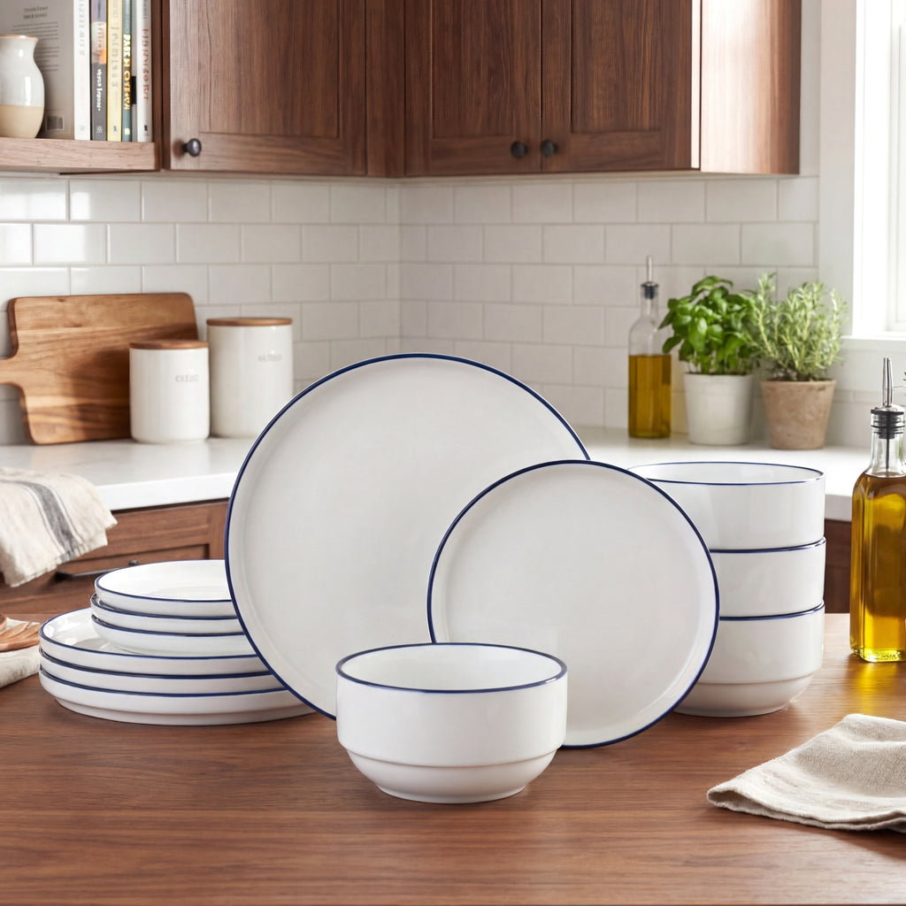 Waterside 12pc Stackable White with Blue Rim Porcelain Dinner Set