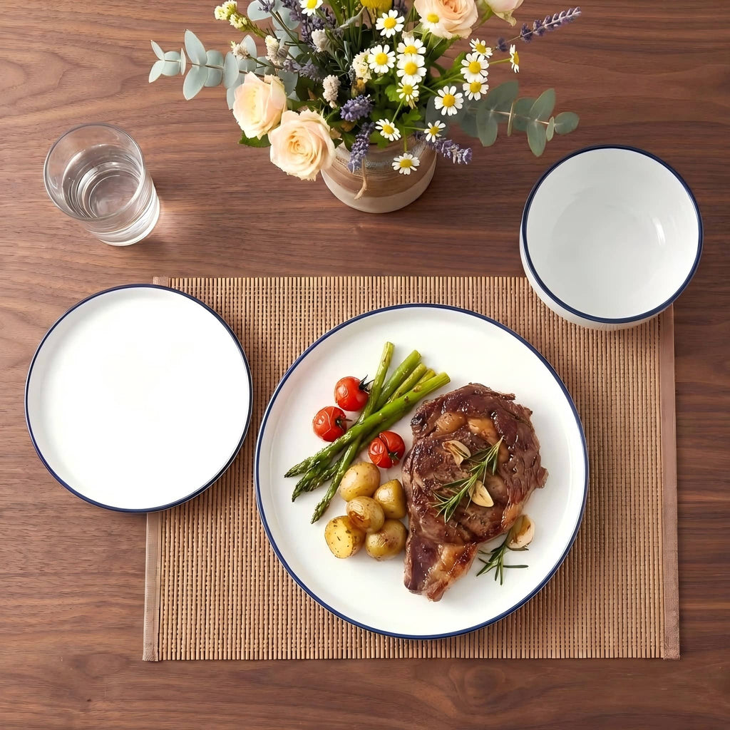 Waterside 12pc Stackable White with Blue Rim Porcelain Dinner Set