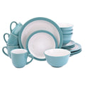 Teal dinnerware set with white interior on a white background
