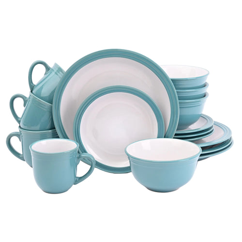 Teal dinnerware set with white interior on a white background
