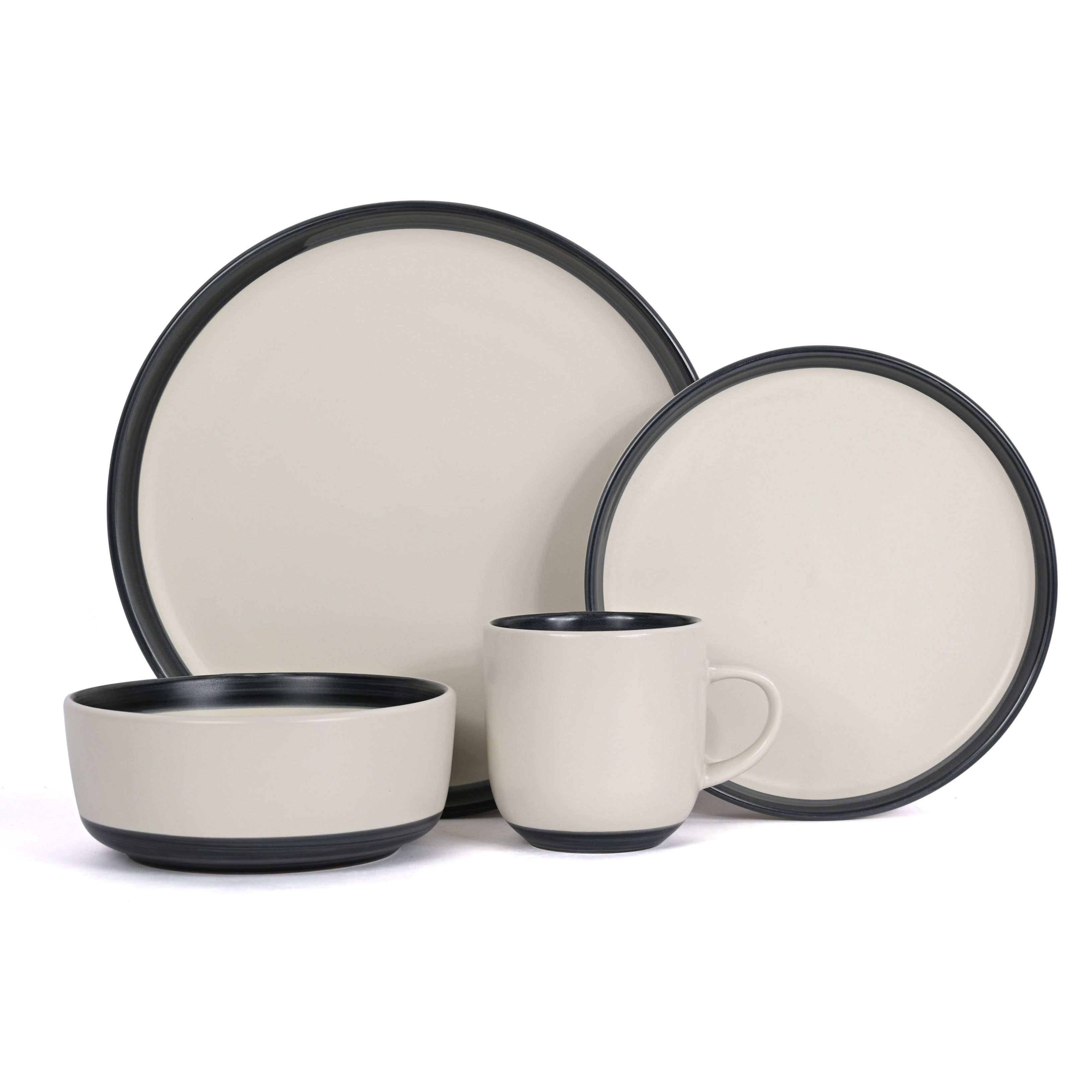 Ceramic dinnerware set with beige and black rim design on a white background