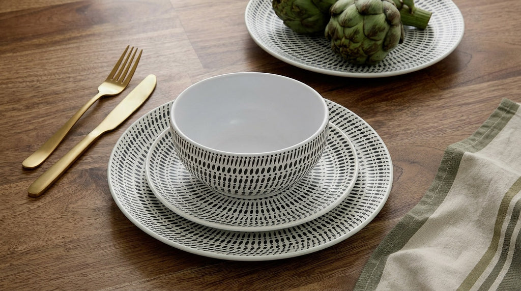 *** SPECIAL OFFER *** Waterside 16pc White Dash Stoneware Dinner Set; 4 Dinner Plates, Side Plates, Deep Bowls & Shallow Bowls