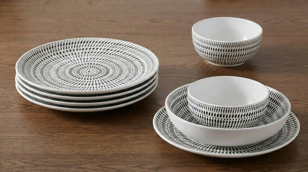 *** SPECIAL OFFER *** Waterside 16pc White Dash Stoneware Dinner Set; 4 Dinner Plates, Side Plates, Deep Bowls & Shallow Bowls
