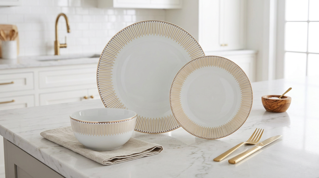 Waterside 12pc GOLD Radiance Porcelain Dinnerware Set (video included)