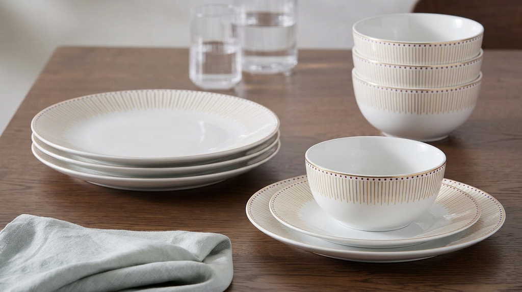 Waterside 12pc GOLD Radiance Porcelain Dinnerware Set (video included)