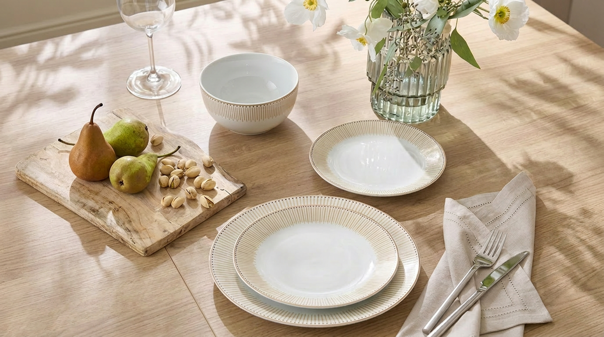 Waterside 12pc GOLD Radiance Porcelain Dinnerware Set (video included)