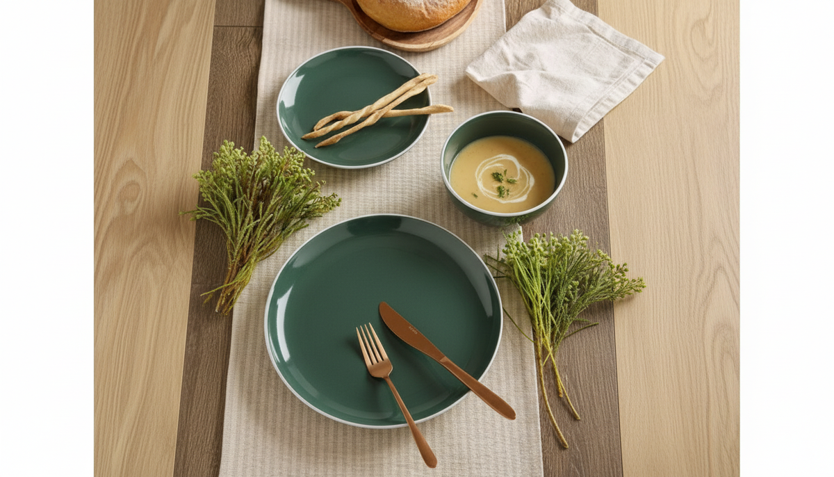 A styled tabletop setting showing a set of dark green ceramic dinnerware, including a large plate, a smaller plate, and a soup bowl, arranged on a beige woven runner over a light wood table. The dinnerware is styled with wooden utensils, a white napkin, fresh herbs, and a loaf of bread.