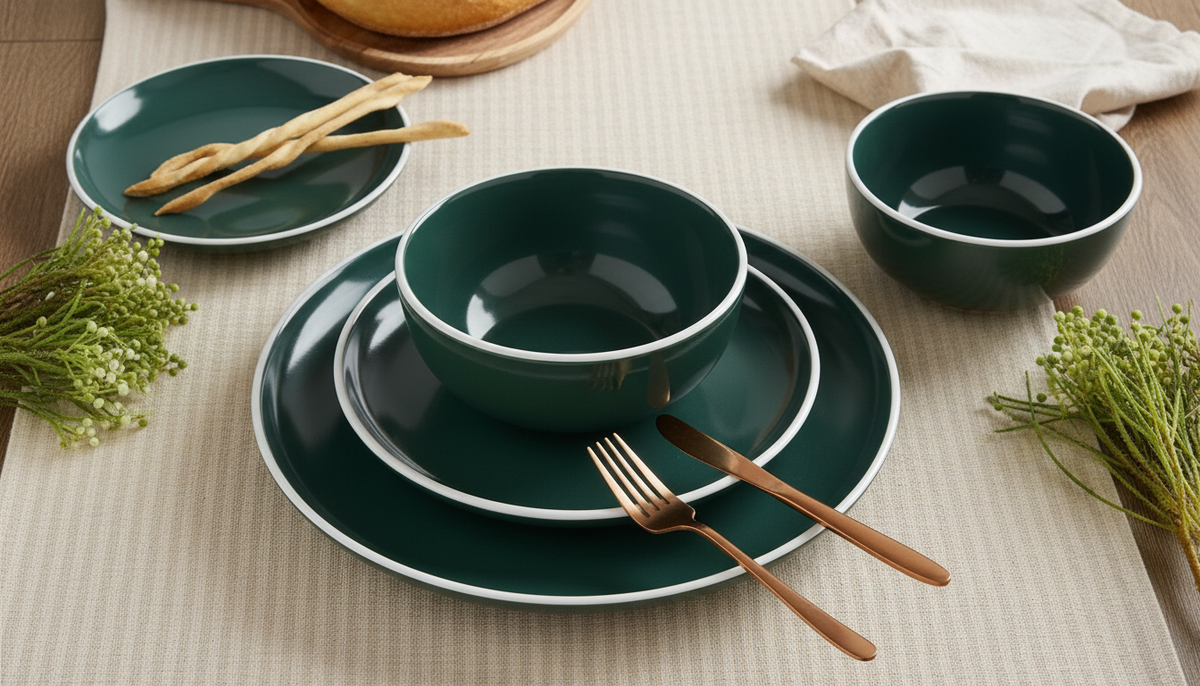 A set of dark green ceramic tableware, including plates, bowls, and cutlery, arranged on a beige woven placemat with small green floral accents and a neutral cloth in the background.
