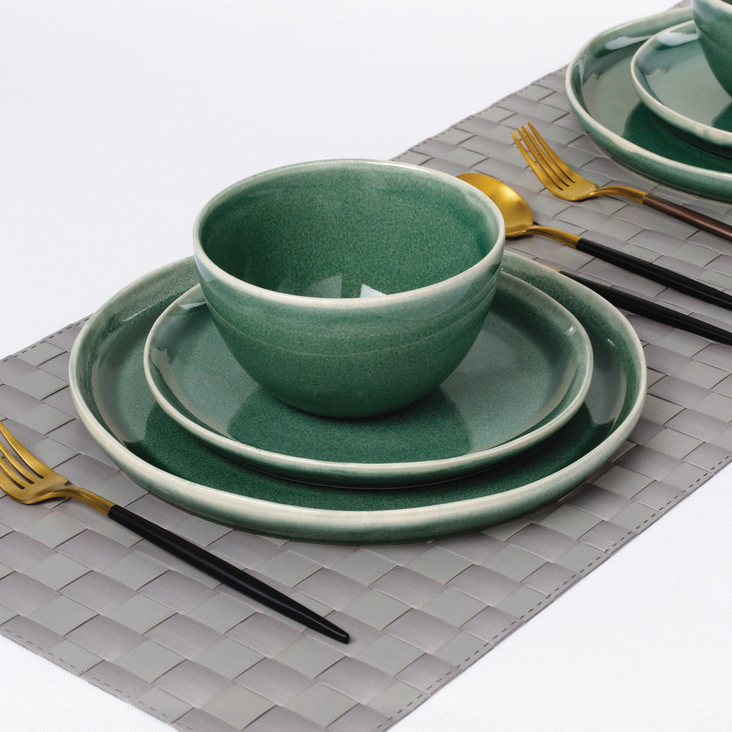 Waterside 12pc Green Reactive Glaze Stoneware Dinnerware Set (video attached)