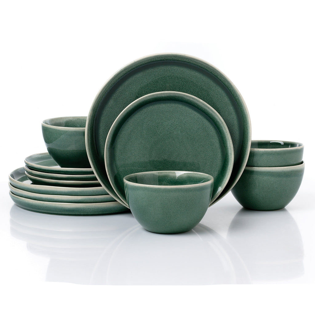 Waterside 12pc Green Reactive Glaze Stoneware Dinnerware Set (video attached)