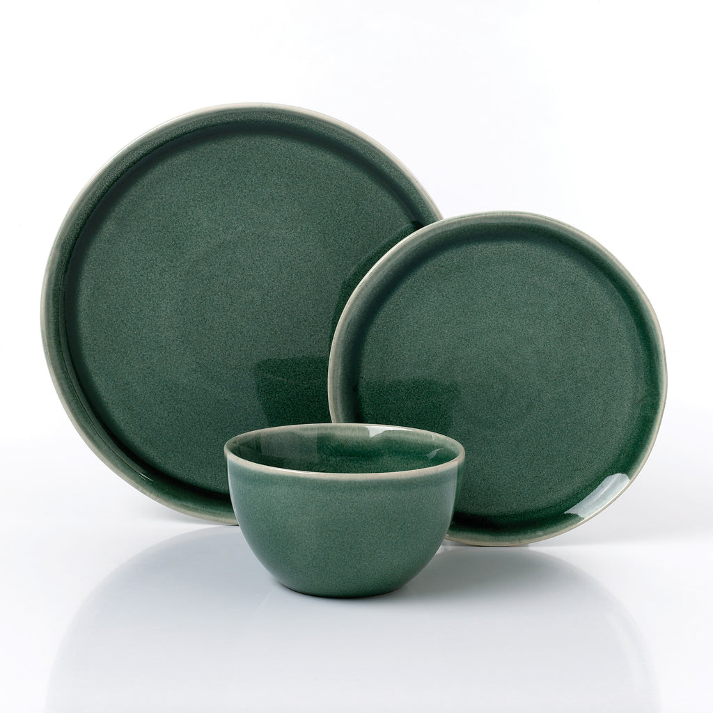 Waterside 12pc Green Reactive Glaze Stoneware Dinnerware Set (video attached)