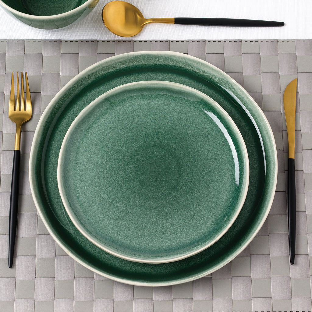 Waterside 12pc Green Reactive Glaze Stoneware Dinnerware Set (video attached)