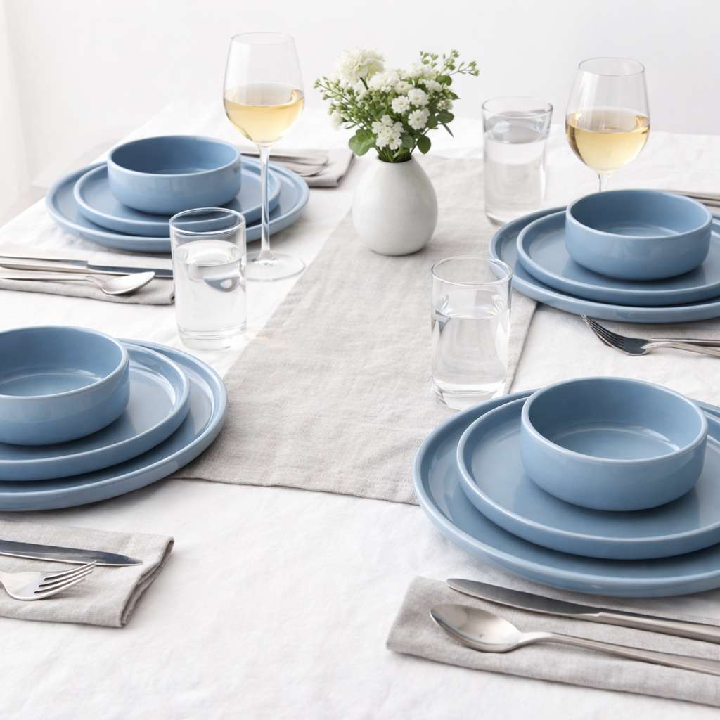 Waterside 12pc Pastel Blue, Lipped  Stoneware Dinnerware Set