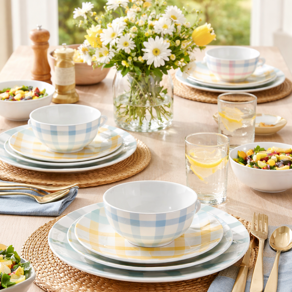 Waterside 12pc Gingham Pastels Porcelain Dinnerware Set