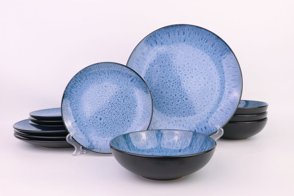Waterside 12pc Blue Reactive Glaze Stoneware Dinnerware Set; 4 Dinner Plates, Side Plates & Deep Bowls