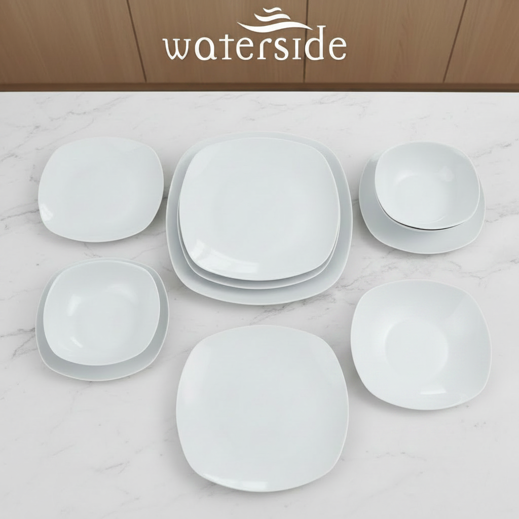 Waterside 12pc White Square Porcelain Dinner Set- 4 x 26.8cm Dinner Plate, 4 x 20cm Side Plates & 4 x 17.8cm Deep Bowl -( video attached)