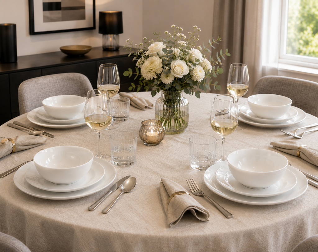 Waterside 12pc Atelier – Moderne Porcelain Dining Set, Contemporary White Tableware Set