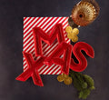 A set of four red lettered 'XMAS' snack dishes with a festive design, displayed against a red and white striped background. Decorative elements such as coins and a Christmas tree are also visible.