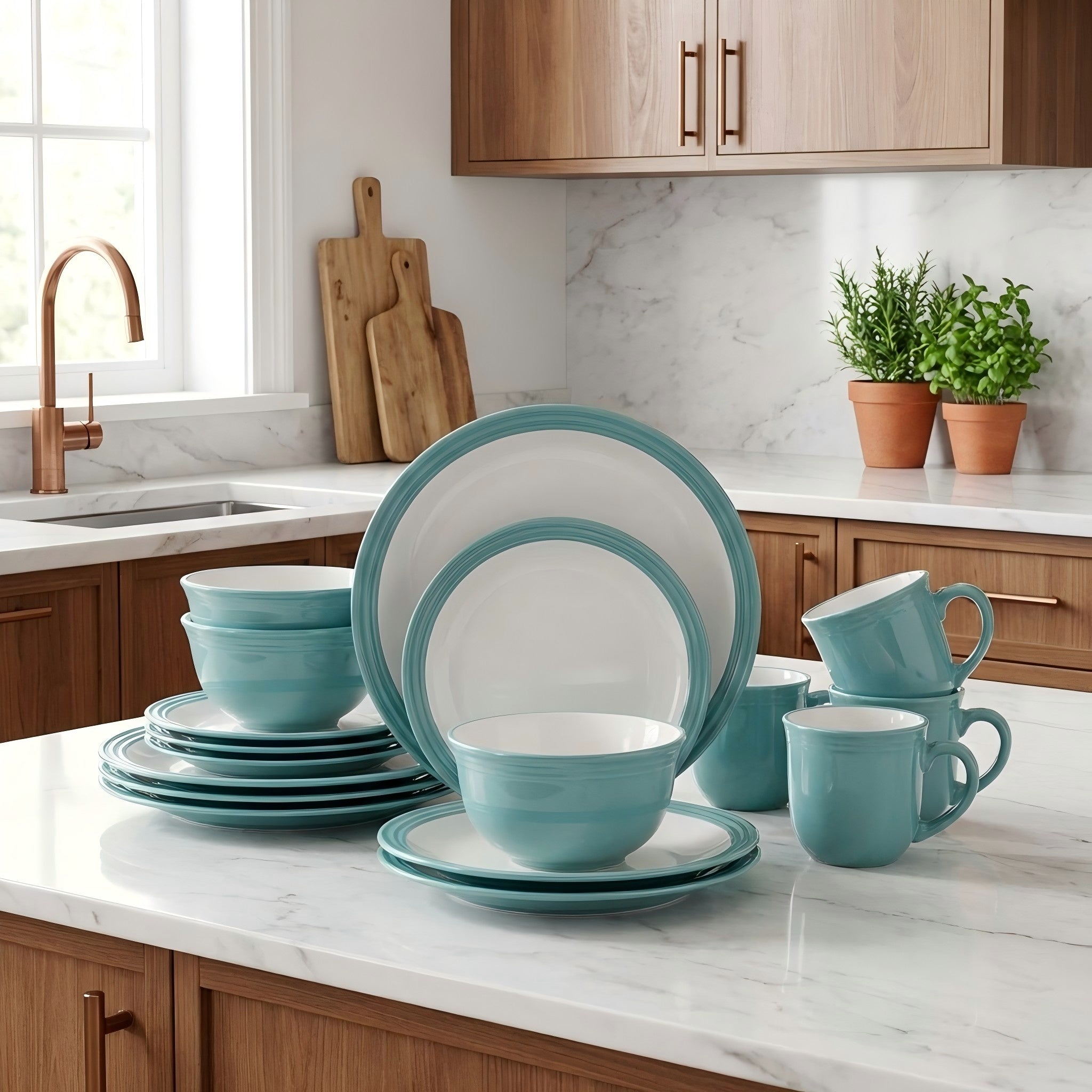 *** SPECIAL OFFER *** Waterside 16pc Camden Teal Stoneware Dinner Set (video attached)