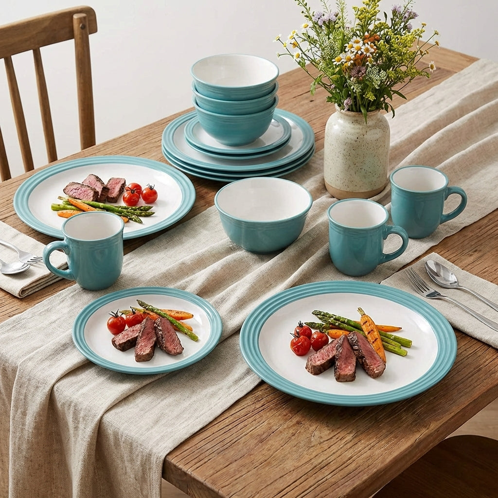 *** SPECIAL OFFER *** Waterside 16pc Camden Teal Stoneware Dinner Set (video attached)