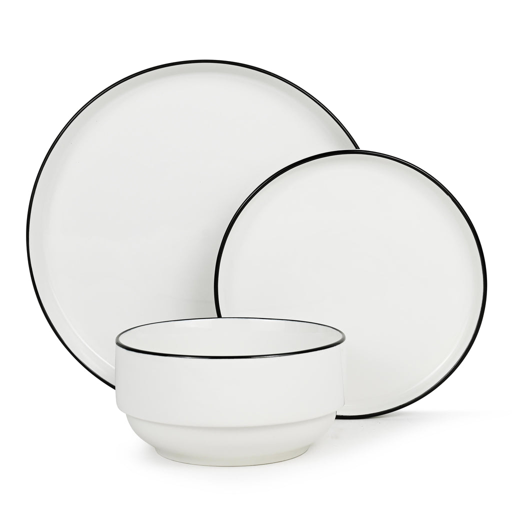 Waterside 12pc Stackable White with Black Rim Porcelain Dinner Set (video attached)