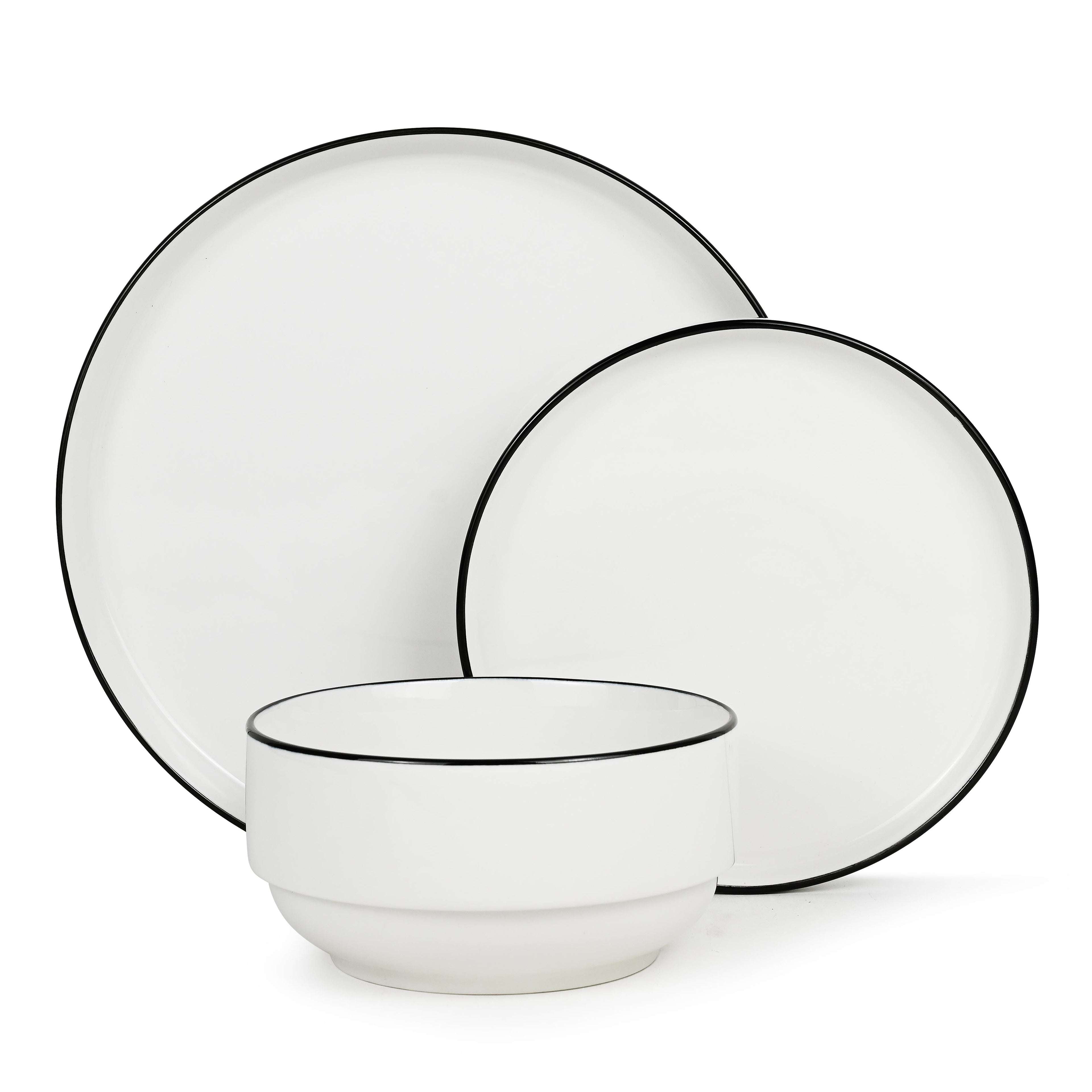 Waterside 12pc Stackable White with Black Rim Porcelain Dinner Set (video attached)
