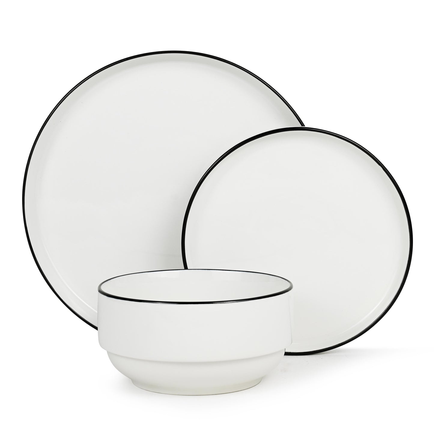 Stackable White with Black Rim Porcelain Dinner Set, 12 Pieces