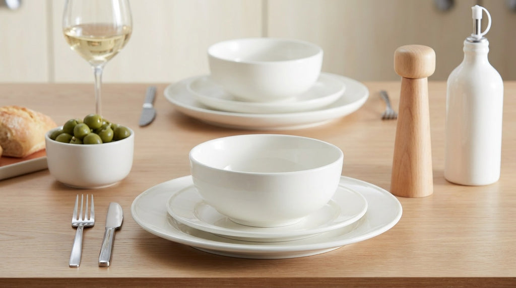 Waterside 12pc Atelier – Moderne Porcelain Dining Set, Contemporary White Tableware Set