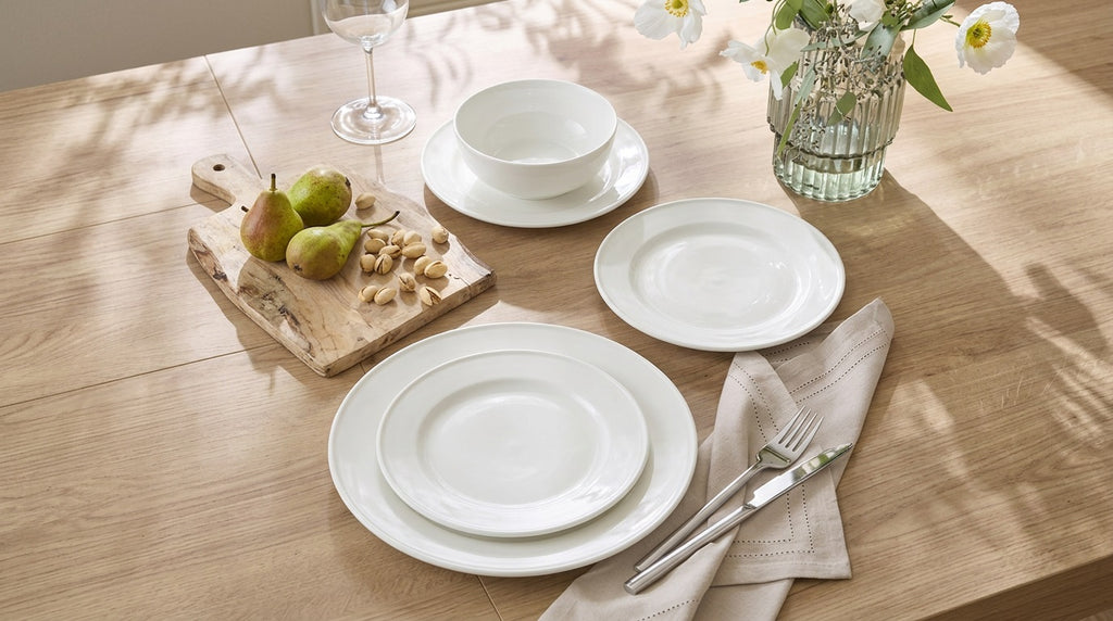 Waterside 12pc Atelier – Moderne Porcelain Dining Set, Contemporary White Tableware Set