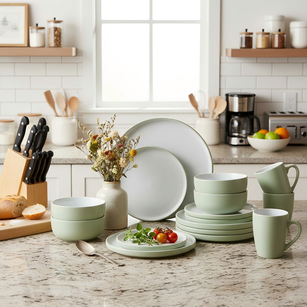 Waterside 16pc Green Pastel Stoneware Dinner Set (video attached)