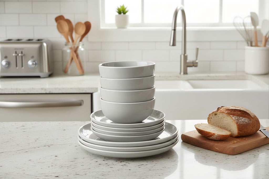 Waterside 12pc Grey Stoneware Dinnerware Set (video attached)