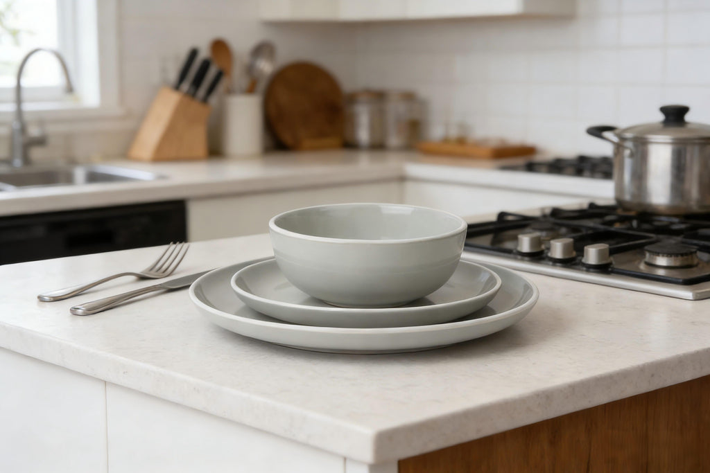 Waterside 12pc Grey Stoneware Dinnerware Set (video attached)