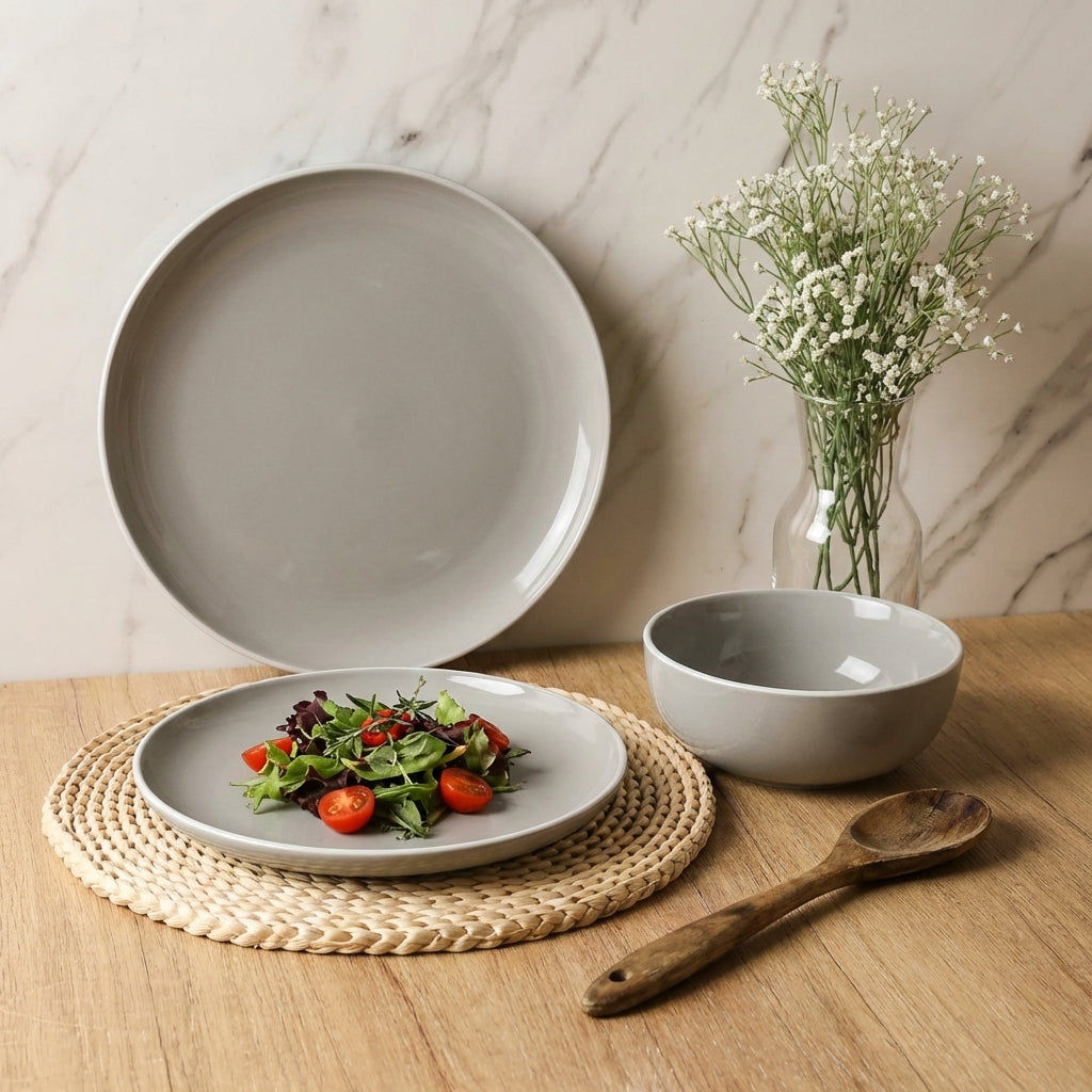 Waterside 12pc Grey Stoneware Dinnerware Set (video attached)