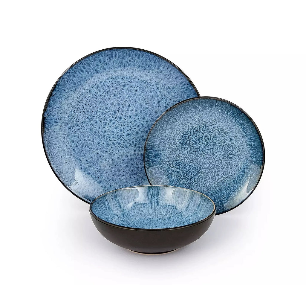 Waterside 12pc Blue Reactive Glaze Stoneware Dinnerware Set; 4 Dinner Plates, Side Plates & Deep Bowls