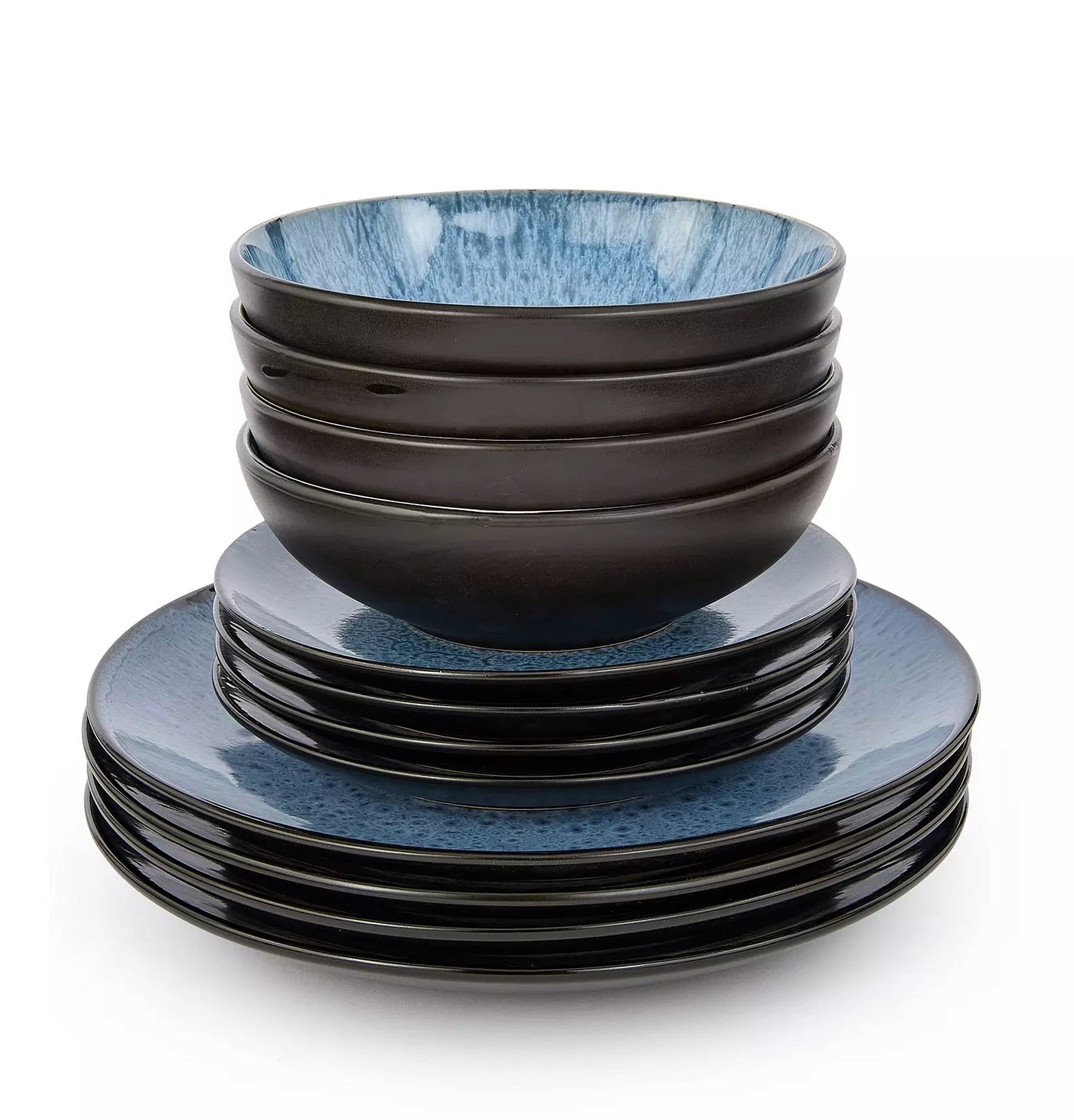 Waterside 12pc Blue Reactive Glaze Stoneware Dinnerware Set; 4 Dinner Plates, Side Plates & Deep Bowls