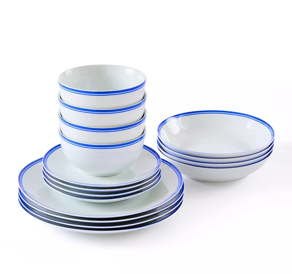 Waterside 16pc St Ives Stripe Porcelain Dinnerware Set - Blue (video attached)