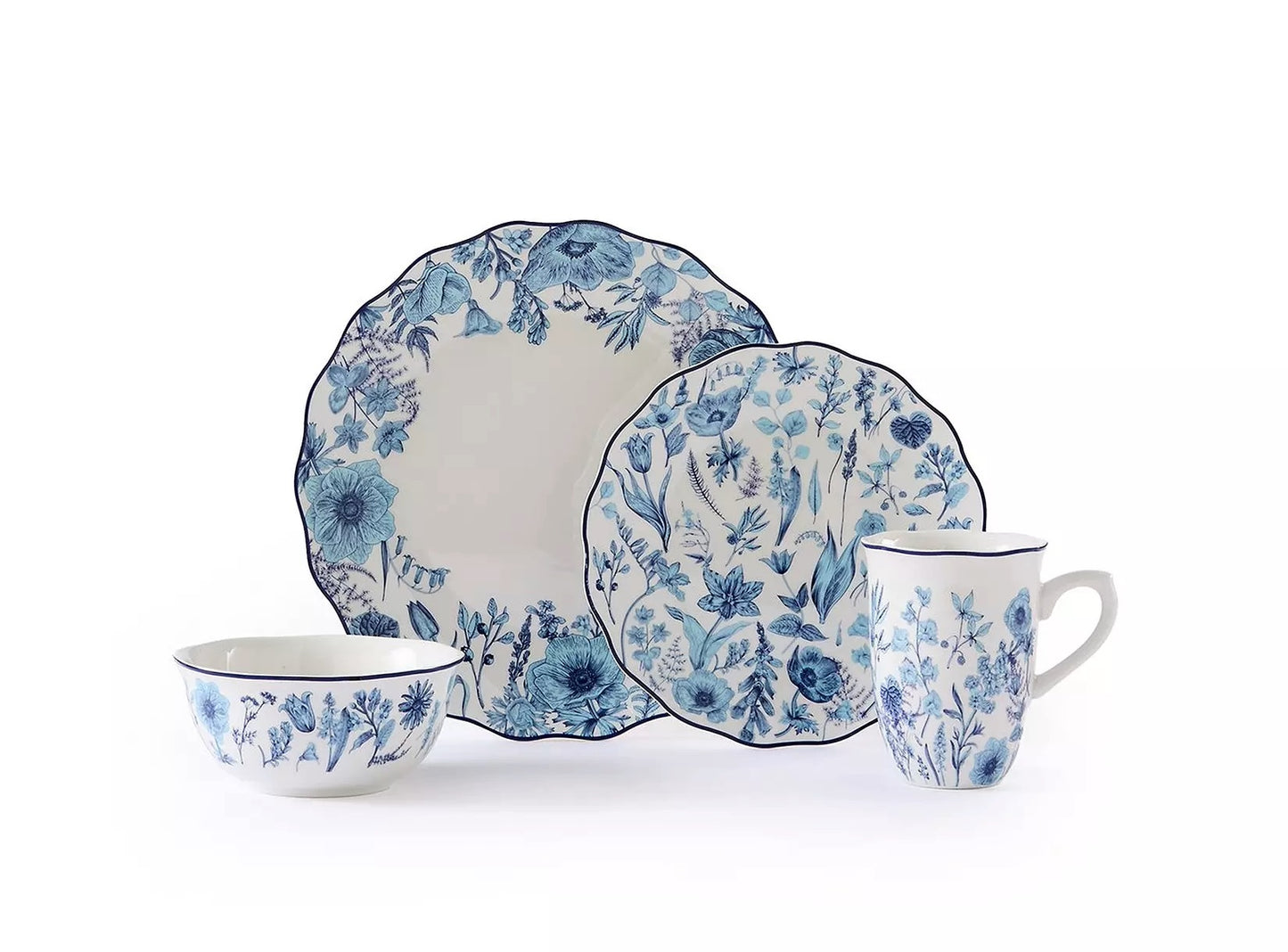 Blue Floral Porcelain Dinnerware Set, 16 Pieces