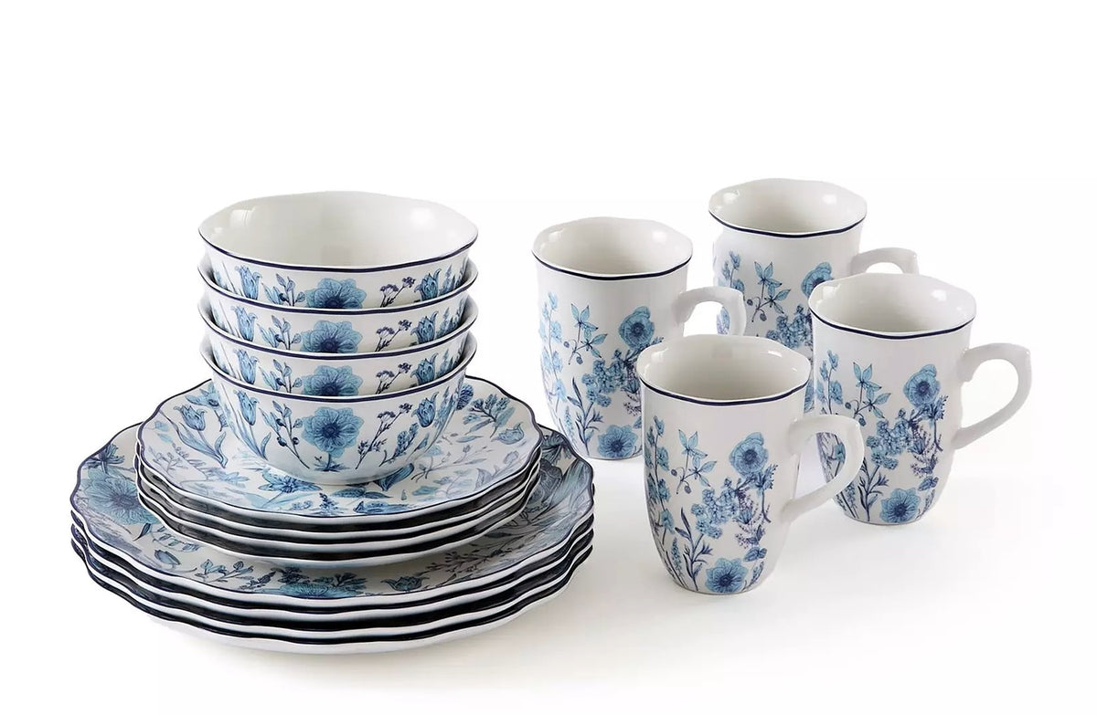 Waterside 16pc Blue Floral Porcelain Dinnerware Set
