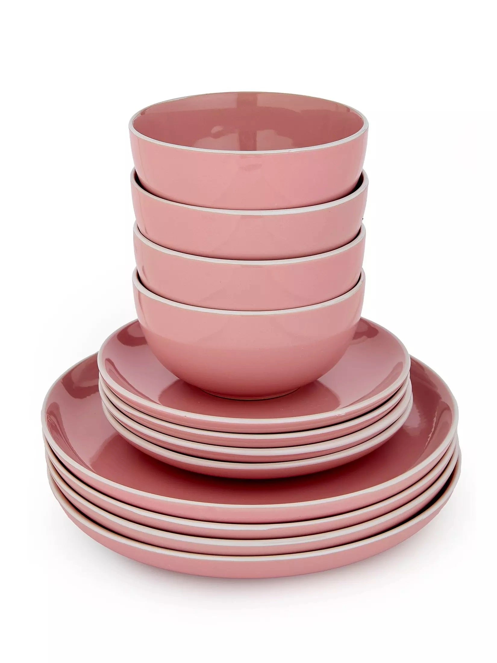 Waterside Bubble Gum Pink Stoneware Dinnerware Set, 12 Pieces