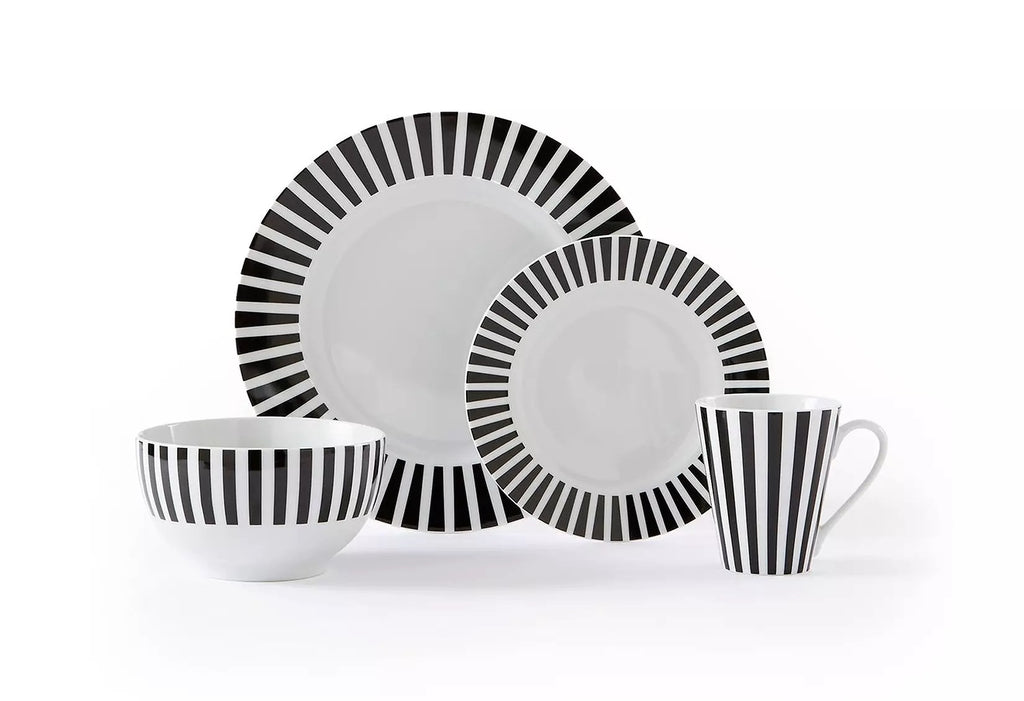 Waterside 24pc Black Split Stripe Porcelain Dinnerware Set (video attached)