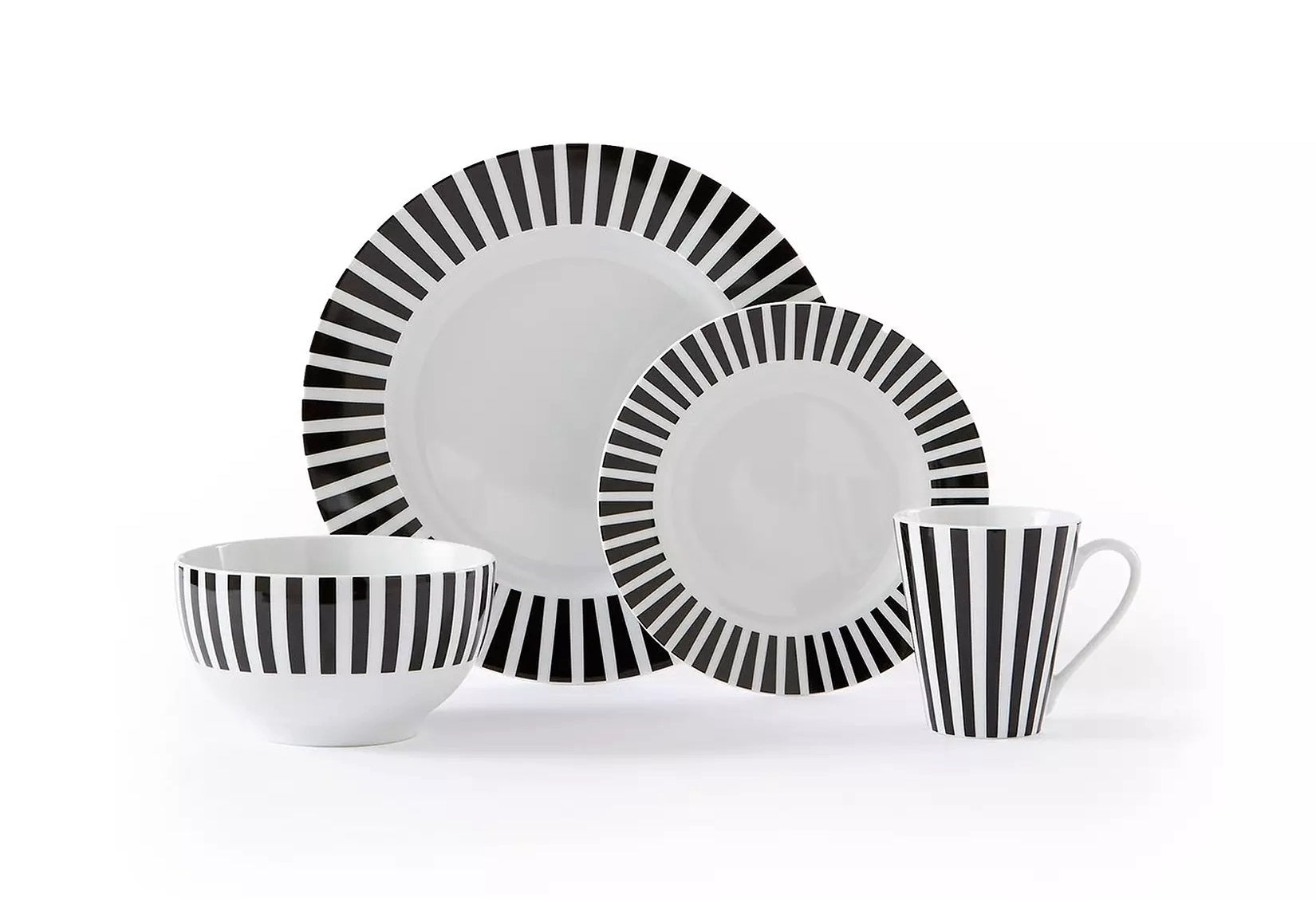 Waterside 24pc Black Split Stripe Porcelain Dinnerware Set (video attached)