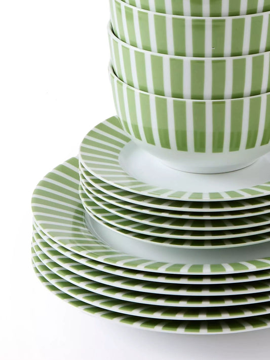 Green Split Stripe Porcelain Dinnerware Set, 24 Pieces