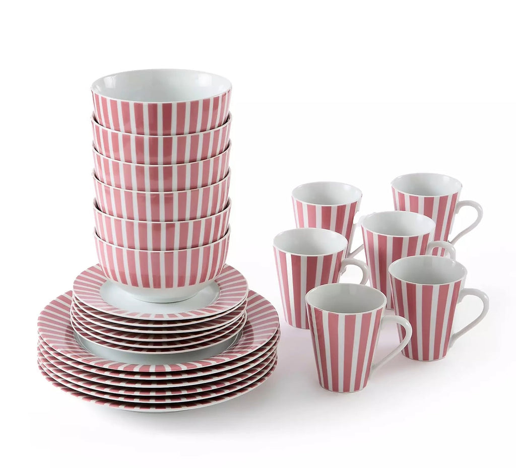 Waterside 24pc Pastel Pink Split Stripe Porcelain Dinnerware Set