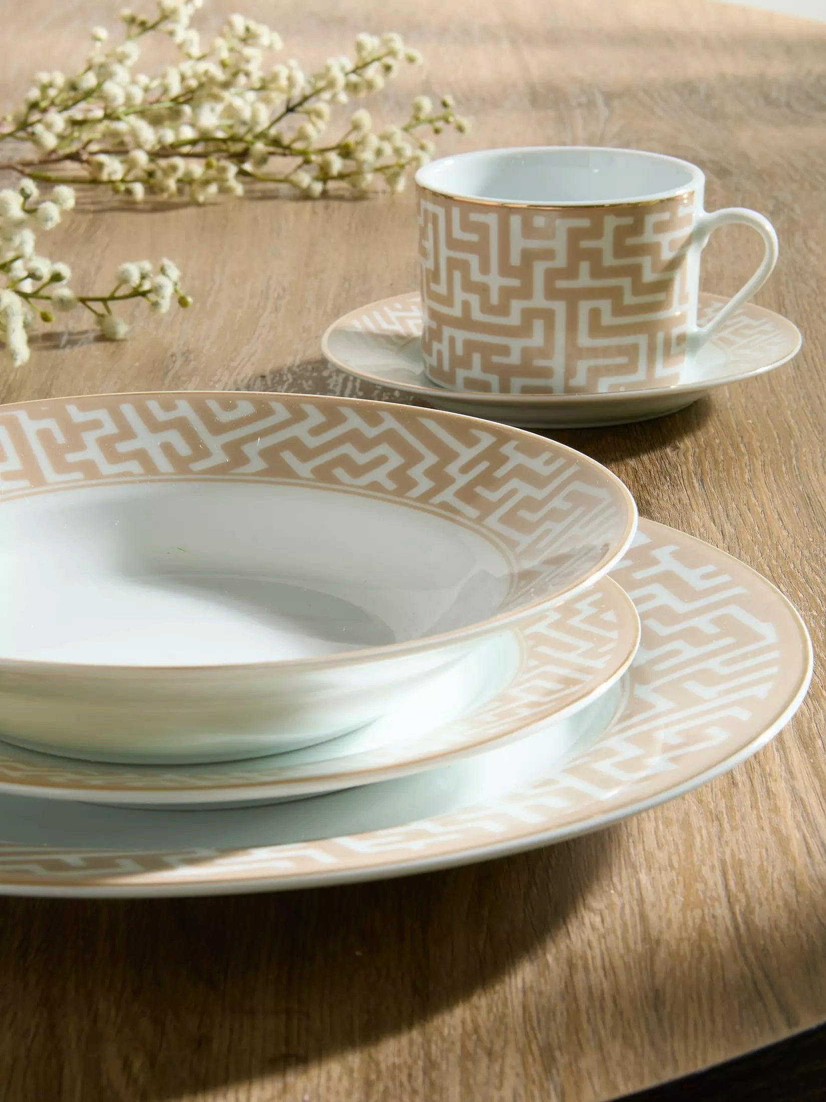 Waterside 20pc Mosaic Cream & Gold Porcelain Dinnerware (video attached)