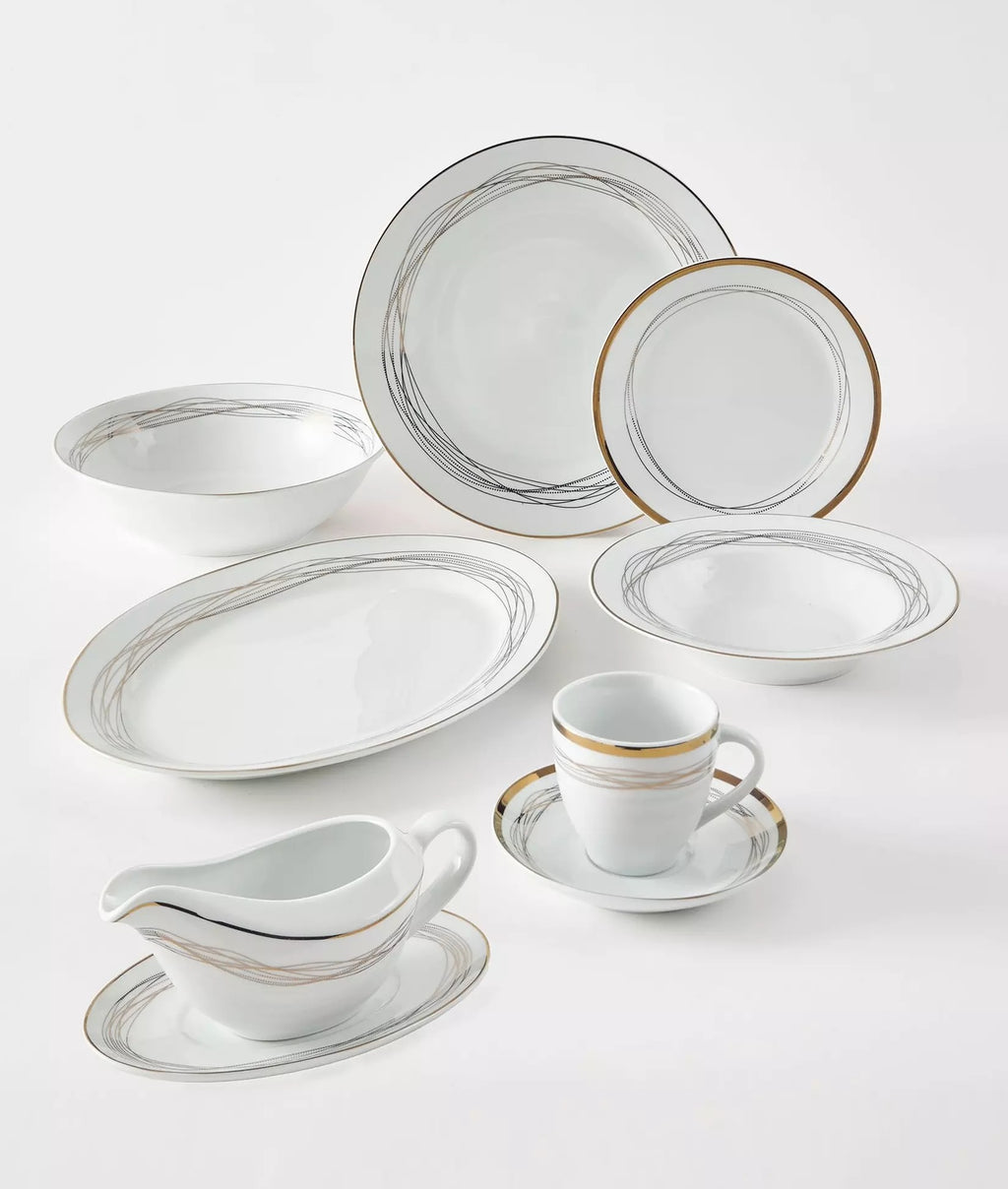 35pc Waterside Gold Swirl Porcelain Dinnerware Set (video attached)