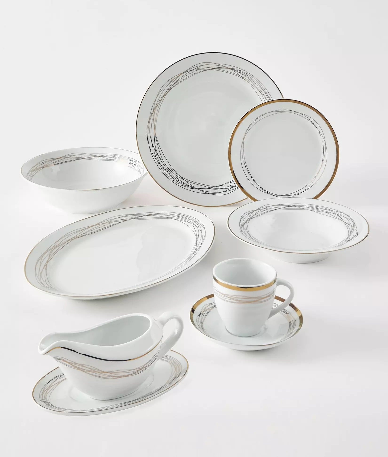 35pc Waterside Gold Swirl Porcelain Dinnerware Set (video attached)