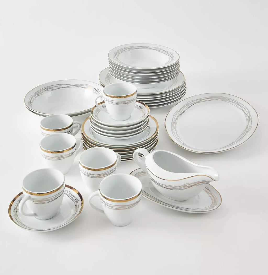 35pc Waterside Gold Swirl Porcelain Dinnerware Set (video attached)