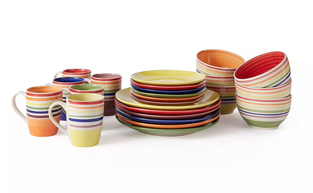 Waterside 24pc Spinwash Stripe Stoneware Dinnerware Set (video attached)