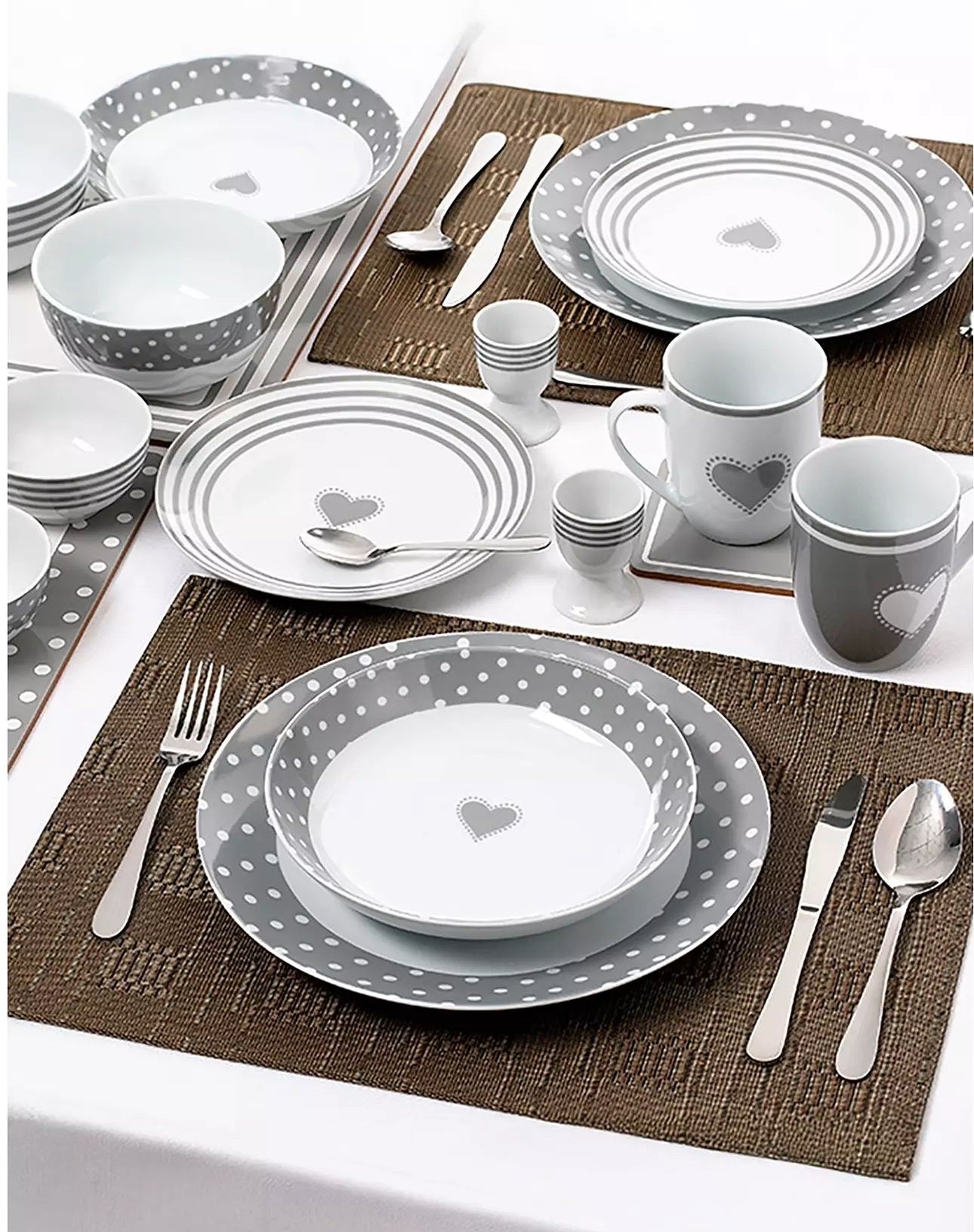 *** BLACK FRIDAY SPECIAL *** Grey Heart Combination Tableware Set; Porcelain, Placemats and Cutlery, 80 Pieces